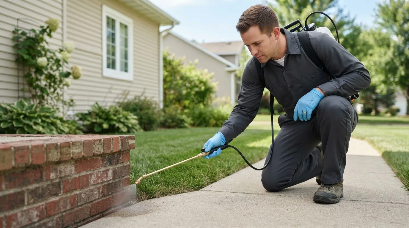 Pest control technician treating a home near Urbandale, IA
