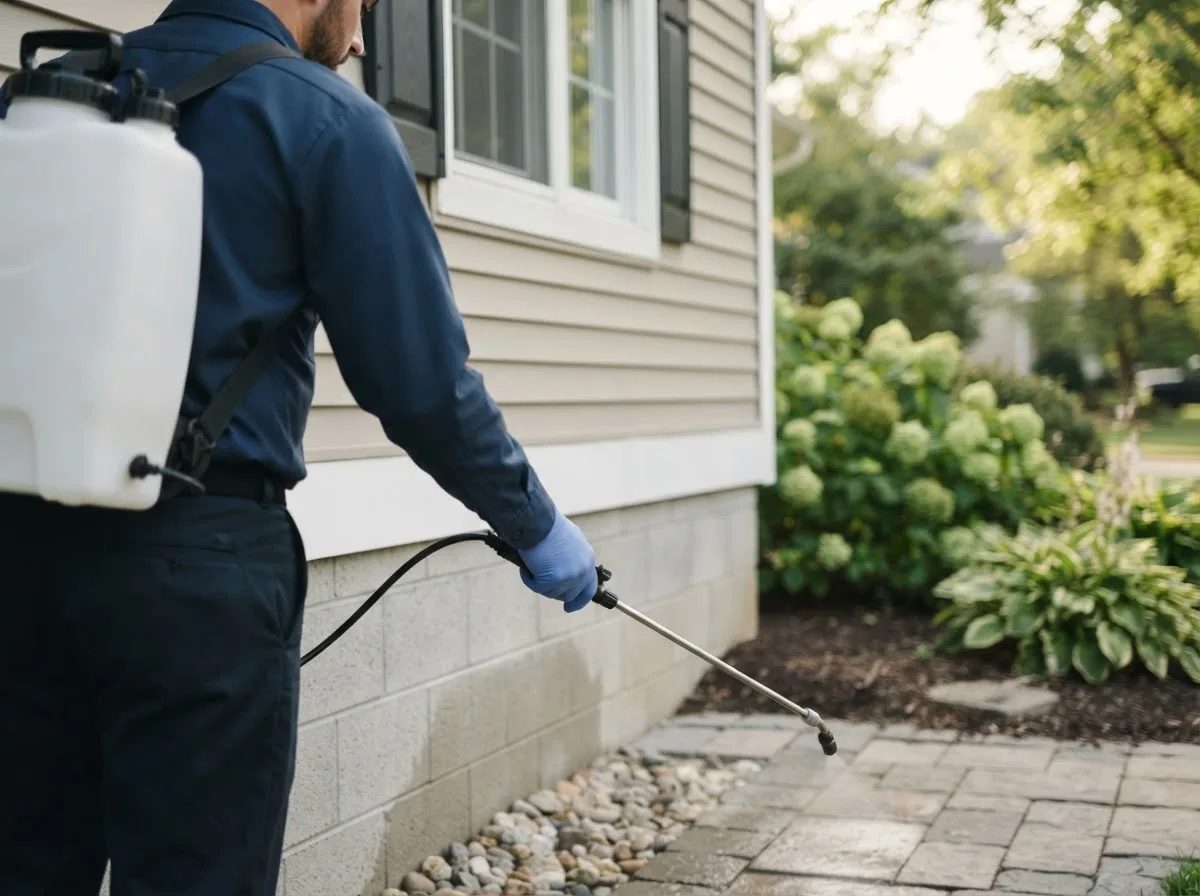 Pest control technician inspecting a home in Urbandale, IA